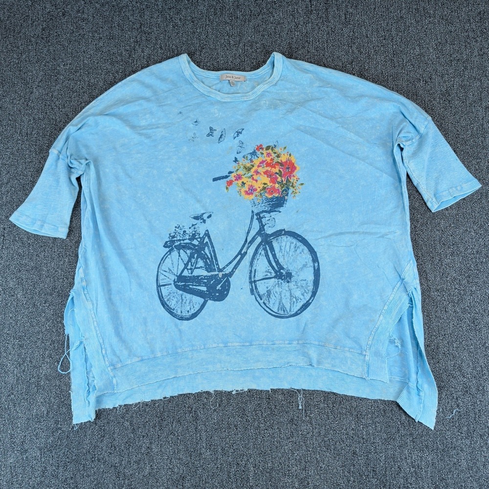 Jess & Jane Vintage Boho Bicycle Art To Wear Blue Top Women XL